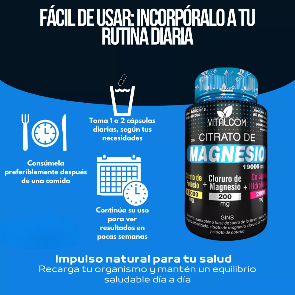 Citrato de Magnesio con Colágeno – Calambres, Dolor Muscular y Estrés | Vitalcom
